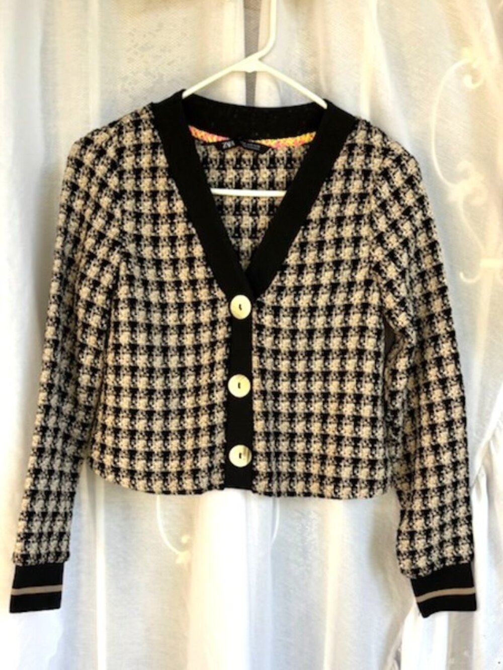 Zara Chanel-style V-neck tweed check cardigan